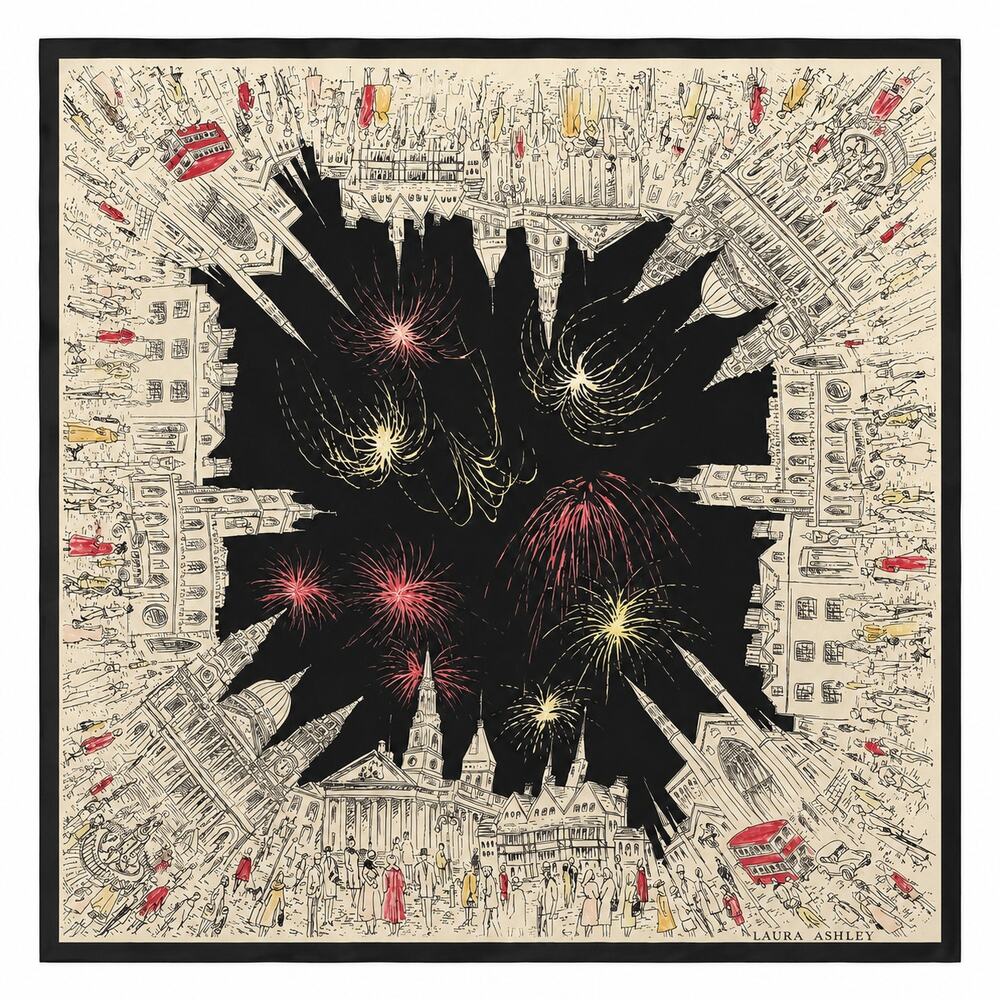 Laura Ashley Vintage Silk Scarf Square Fireworks Cityscape Print Black Multi